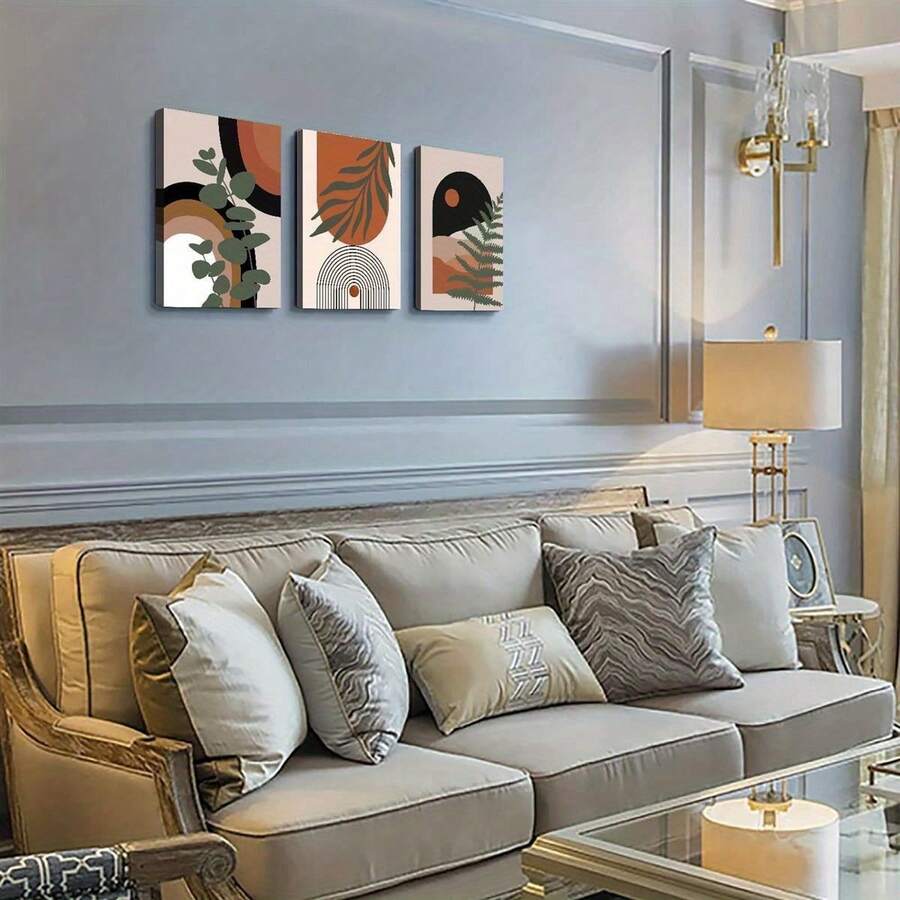 Set Of 3 Framed Abstract Nature Canvas Prints - Desert & Palm Leaves, Mid-Century Modern Boho Decor, Waterproof Wall Art For Living Room, Bedroom, Office, And More - 3PCS - View 1