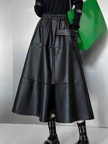 Women's Black Faux Leather PU Solid Color Casual Pocket Maxi Skirt, Suitable For Daily Wear And Street Style, All Seasons