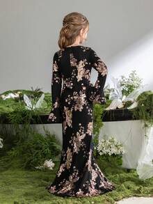 ALISA&LEO Elegant V-Neck Long Sleeve Sequin Girls' Formal Dress With Flared Cuffs And High Slit For Wedding Ceremonies, Evening Galas, Award Ceremonies, Holiday Balls, And Formal Receptions