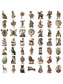 50pcs Transparent Retro Era Graffiti Stickers - Reusable Vinyl Self-Adhesive Decals With Vintage Cartoon Animals, Musical Instruments & Floral Designs For Water Bottles, Luggage, Skateboards, Bicycles - Mixed Colors, Asymmetrical Shapes