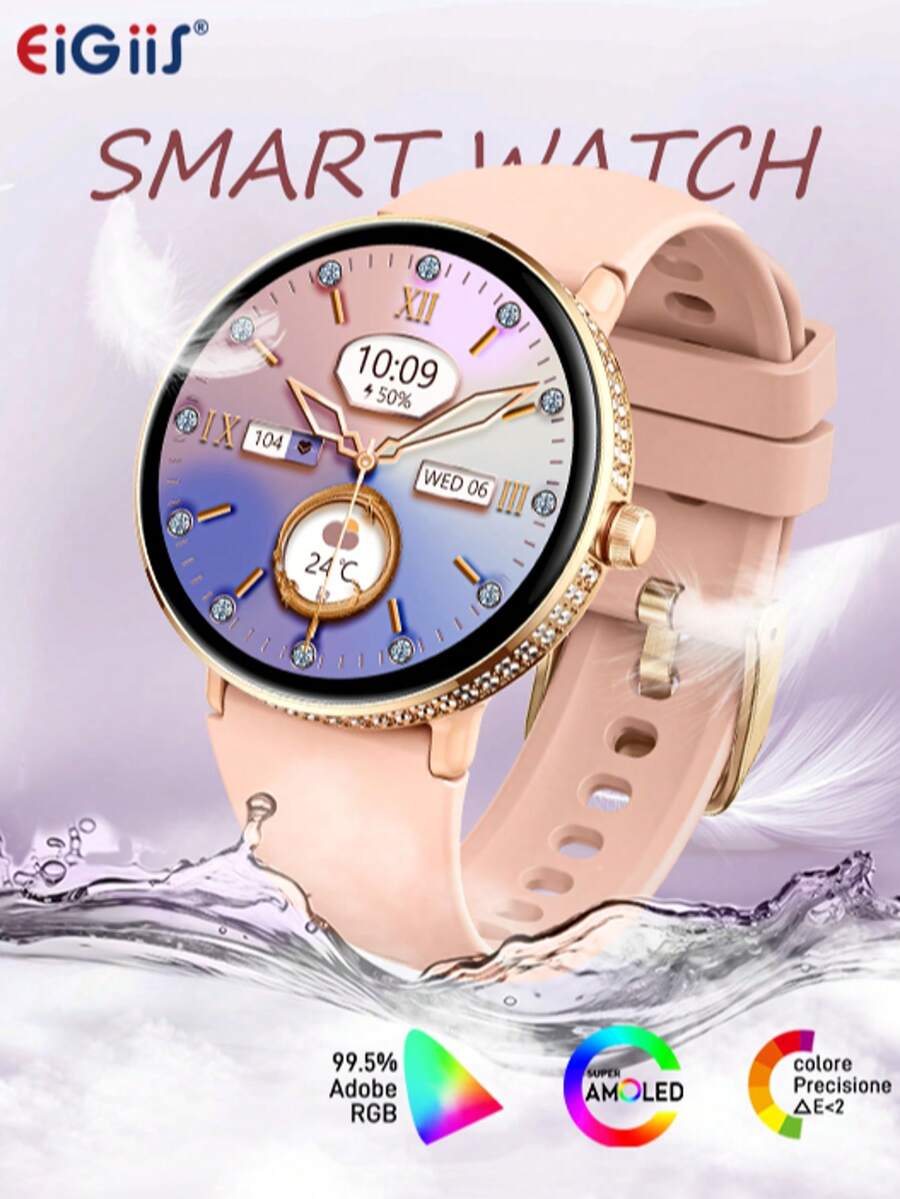 EIGIIS Smart Watches For Women With Diamonds (Make/Answer Call) Sleep Monitor 100+ Sport Modes 1.19" AMOLED Screen IP68 Waterproof Fitness Tracker For IOS Android Phone, Best Gift For Girlfriend - Lưới thép vàng + Silicone hồng - Xem 1