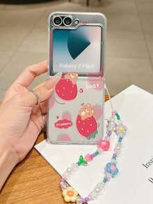 1 pieza Funda de teléfono plegable de material PC con elemento de oso de fresa simple y elegante, emparejada con una pulsera del mismo color, puede proteger y evitar caídas: Galaxy Z Flip 3/Z Flip 4/Z Flip 5/Z Flip 6/Z /OPPO Find N3 Flip/Razr 50 Ultra/Razr 60 Ultra/Larazar 60/Razr 50/ MIX Flip/Galaxy Z Flip7 FE