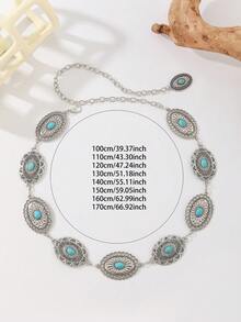 Bohemian Vintage Alloy Oval Turquoise Waist Chain, Waist Belt For Dress, Coat, Suitable For Wedding, Spring/Summer/Autumn/Winter