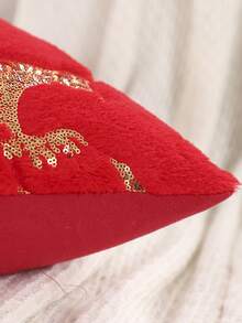 1 buc. Față de pernă decorativă de Crăciun, ren de pluș cu broderie cu paiete aurii, decor rustic pentru canapea în sufragerie, cadou de sărbători, roșu