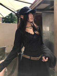 韩版简约波点长袖T恤搭配蕾丝边上衣 - 黑色 - 查看 7