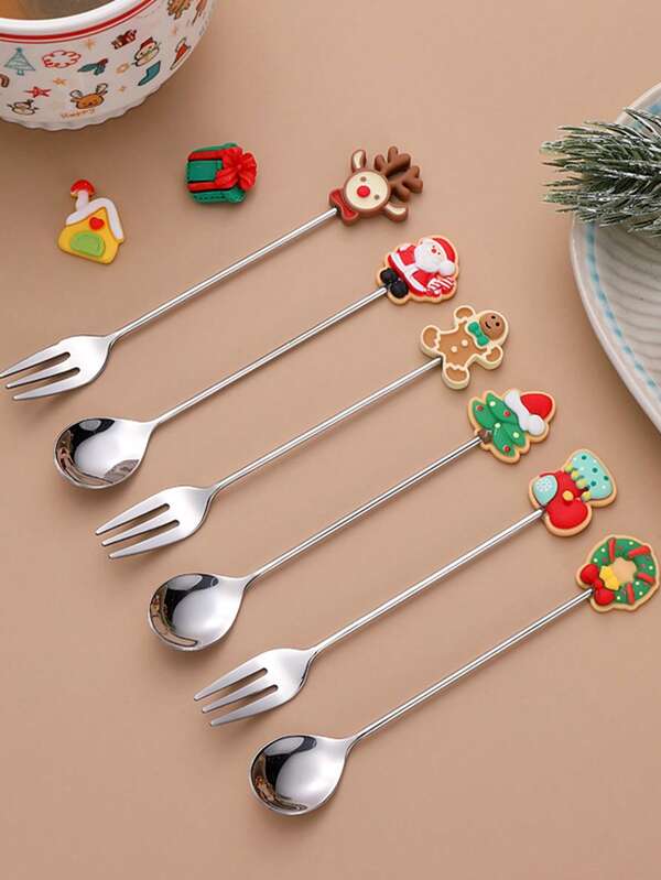 Set de 6 cajas de regalo de Navidad que incluye cucharillas de café y tenedores de postre con diseños de Papá Noel, árbol de Navidad, reno, hombre de jengibre, calcetín navideño y corona navideña, ideal para regalos de Navidad, fiestas y uso doméstico