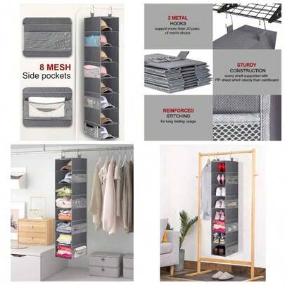 Hanging Shoe Storage Organiser Wardrobe Shoe Rack With Large 8 - Shelf And Side Mesh Pockets Organizer Handbags, Clothes, Hat,