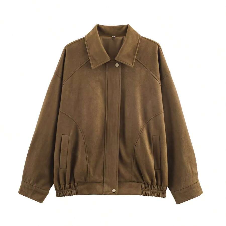 ZEVITY Women Vintage Turn Down Collar Long Sleeve Pockets Design Loose Suede Coat Casual Retro Streetwear Spring Fall Winter Jacket Tops CT1301 - Brown - View 1