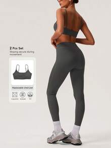 Sodalemon Women's Solid Color Thick Sports Bra & Yoga Leggings 2 Pieces Workout Set - Grey - View 2
