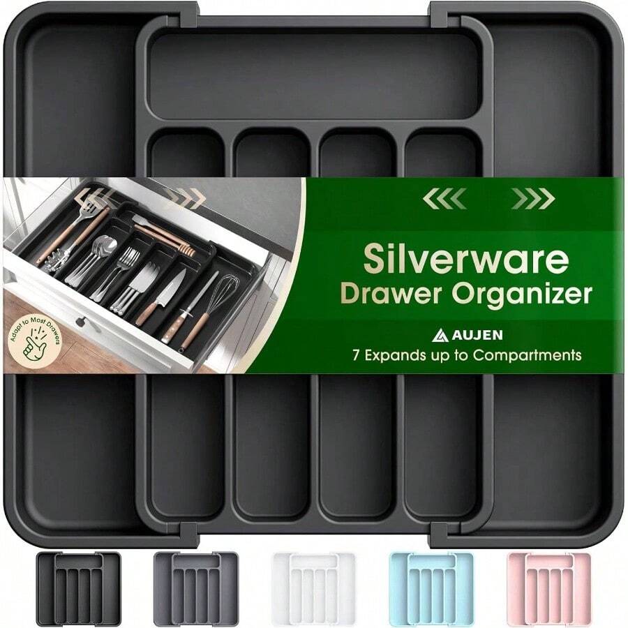 Silverware Organizer - Expandable Kitchen Drawer Organizer, Adjustable Utensil Organizer, Cutlery Tray Forks, Knives, Multipurpose Kitchen Organizers And Storage Solution, Black, Large - Trung bình + Đen - Xem 1