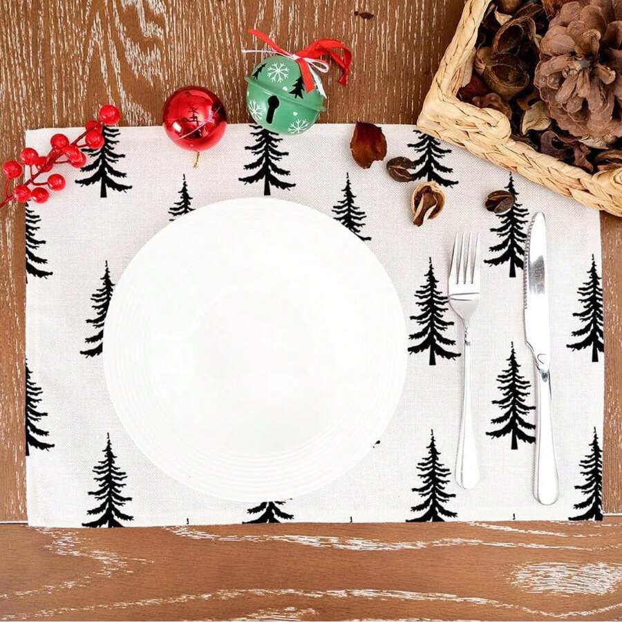 1 pièce/set Napperon en lin blanc avec sapin de Noël, set de chemin de table, 33 cm x 183 cm / 30 cm x 46 cm. Décoration de table de cuisine saisonnière, décoration de Noël pour la maison, décoration pour rassemblement festif