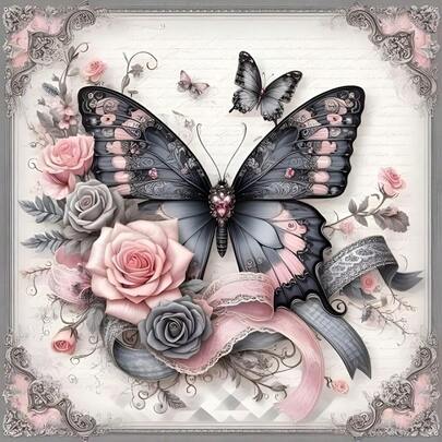 5D Diamond Painting Kit - Elegant Butterfly, Full Round Diamond, Acrylic Art Decor With Vibrant Floral And Ribbon Accents, Suitable For Home Decoration, Art Display, Wall Decor, Glossy Surface