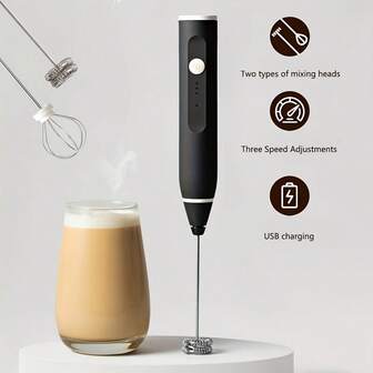 Handkaffee-Schäumer, elektrischer Milchaufschäumer, USB aufladbarer elektrischer Quirl mit 2 Köpfen und 3 Geschwindigkeiten, geeignet für Latte, Cappuccino, heiße Schokolade, Eier, elektrischer Milchaufschäumer, Milchaufschäumer-Kanne, Milchaufschäumer-Becher, Milchaufschäumer-Set, Handmixer, Kaffee-Mixer, Küchenmixer, Mixer zum Backen, Handmixer, Küchenhelfer, Rührgerät für Kuchen