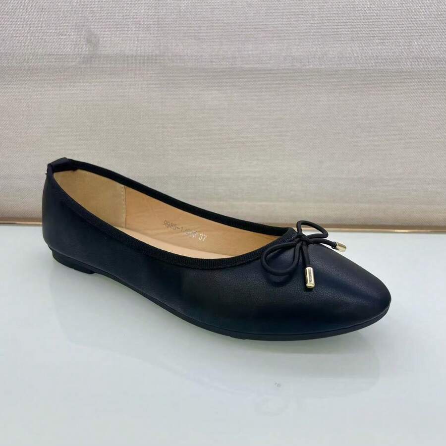 女式纯色蝴蝶结装饰时尚平底鞋 - 黑色 - 查看 1