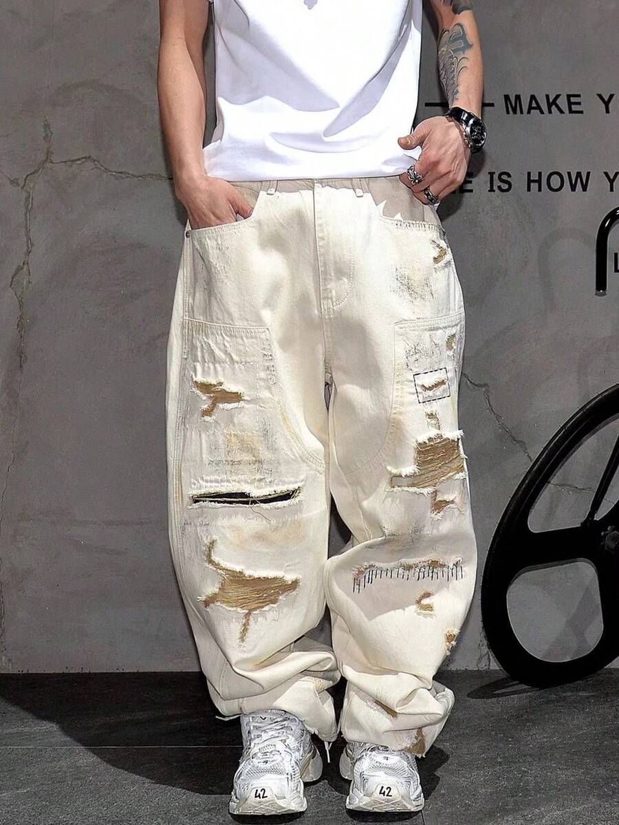 American Fashion Retro Ripped Washed Casual Jeans For Men, Thin, Loose, Straight Leg, Rugged And Handsome Long Pants