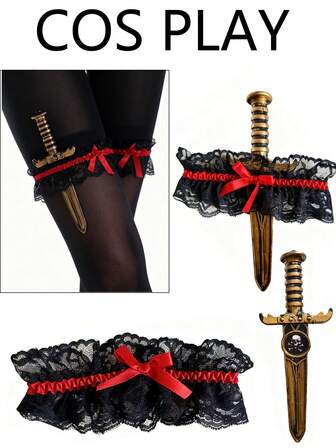 2 st Halloween Sexig Dam Röd & Svart Spets Rosett Benhållare Set Med Skelett Piratknivdekoration, Mångsidig Kostymrekvisita Kombination Lämplig För Halloween Maskeradfest Uppträdande