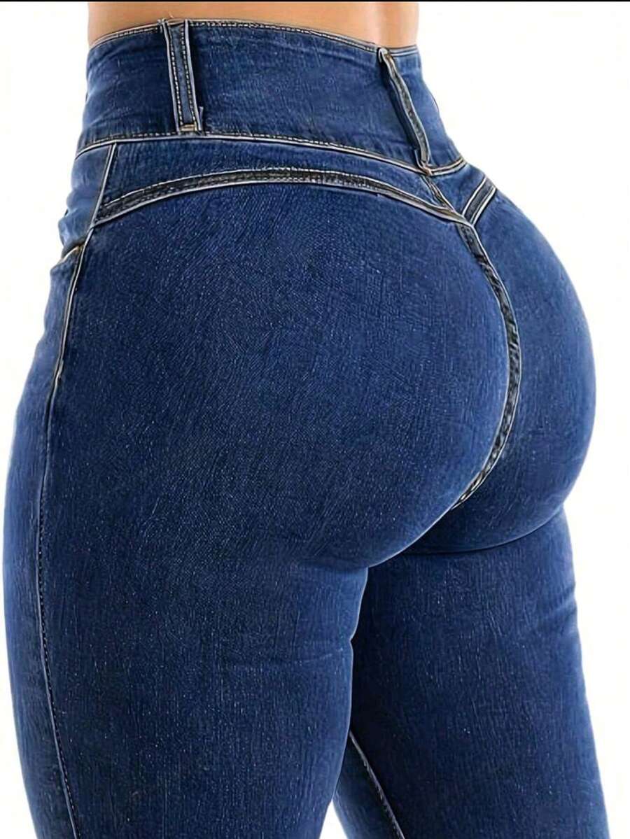 Women's Butt Lifting Jeans, High Stretch Tummy Control Skinny Pants, Fashionable Elegant Casual Trousers Suitable For Dates, Commuting, Shopping - 中等水洗藍 - 查看 1