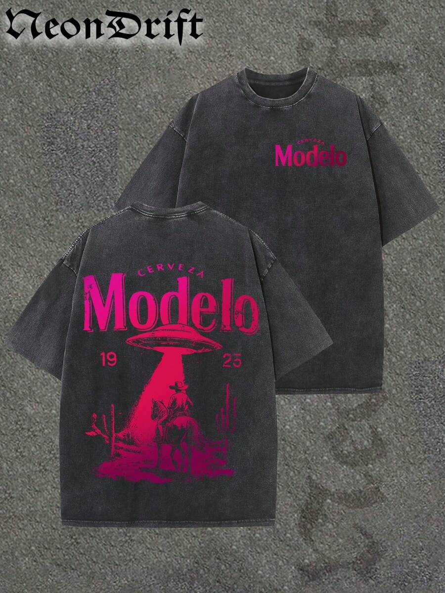 Y2K Style, Cool  UFO Elements, Outdoor Sports Vibe, Modern Street Style, Fashionable Pure Cotton Vintage Washed T-Shirt With Loose Fit, Unisex Design. A Perfect Surprise Gift For Family And Friends. Features Dropped Shoulder Sleeves + Crew Neck, Made Of High-Quality Batik Cotton, A Retro Fashion Brand T-Shirt. With Moderate Thickness, It's Ideal For Summer Wear And A Top Choice For Holiday Gifting. - 黑色 - 查看 1