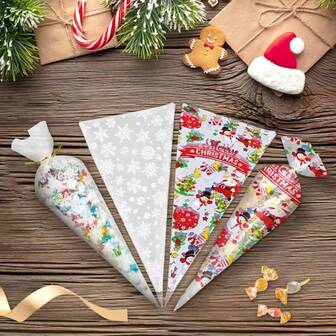 10/30/50pcs Cone Triangle Bags,Snack Bag With Cable Ties, Cone-Shaped Snack Bag,Pastry Bags,Cone Shaped Treat Bags,Cone Shaped Cellophane Treat Bags,Christmas-Themed Prints-Santa Claus And Snowflakes,Suitable For Snacks, Popcorn, Candy, Biscuits, Chocolate, Cakes,Ideal Choice For Party Gift Packaging, Wedding Gift Packaging, Flower Packaging, Decorative Storage, Birthday Party Decoration, Wedding Gift Bag, Good Gifts