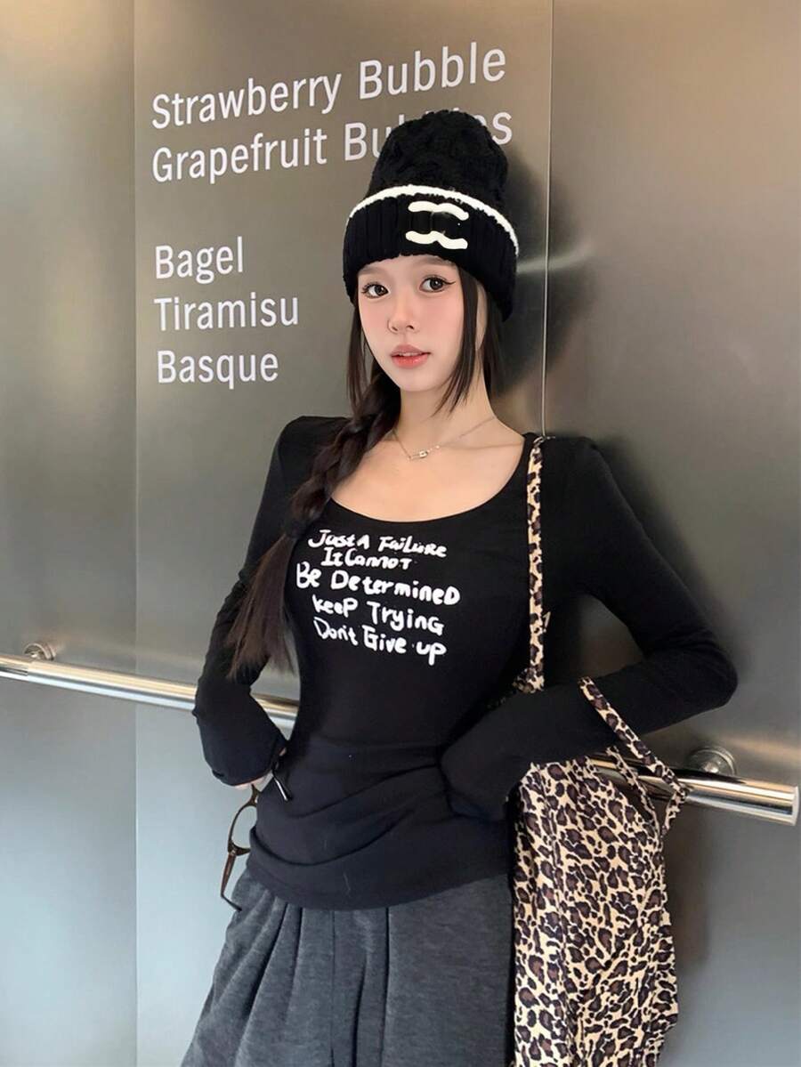 女士休闲修身长袖T恤，舒适时尚，春夏黑色 - 黑色 - 查看 1