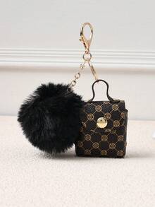 时尚百搭包袋挂饰、迷你耳塞袋、女士手提包挂饰、蓬松绒球迷你包钥匙扣 - 咖啡 - 查看 1
