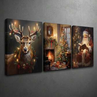 Set de 3 piezas de arte de pared de lienzo navideño - Impresiones de reno, árbol y Papá Noel leyendo en marcos de madera para decoración navideña del hogar