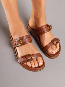 Chanclas con hebillas y correas decorativas - Camel - Ver 4