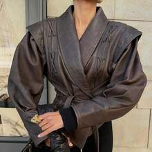 DEEKA 秋冬新款女士休闲时尚翻领腰带米色复古夹克短款皮衣 - 棕1 - 查看 6