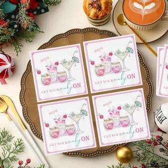 20 片麻将鸡尾酒餐巾，双层一次性纸巾，节日鸡尾酒，白色背景麻将，“GET YOUR MAHJON”图案设计，带红色边框，适合圣诞节、庆祝特殊场合和享受日常午餐