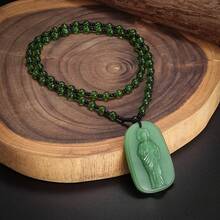 Religious Gift Imitation Jade Birth Buddha Protection Buddha Bodhisattva Pendant Ancient Style Jade Guardian Necklace - 綠色 - 查看 3