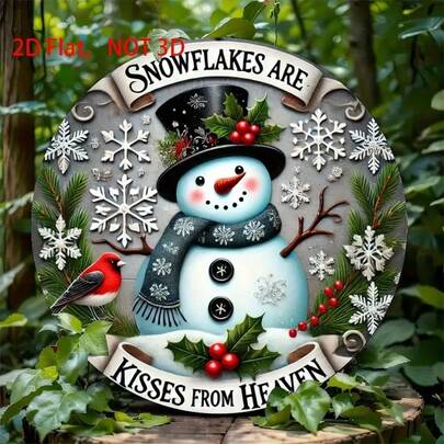 2D Flat Charming Christmas Snowman Wreath Wooden Sign - Versatile 2D Round Decor Suitable For Home, Office And Holiday Celebrations