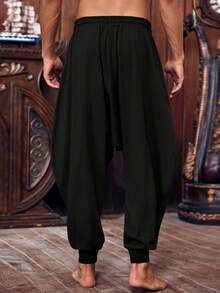 Runcati Men's Pirate Costume Trousers Medieval Viking Style Renaissance Inspired Baggy Harem Linen Pants For Halloween - 黑色 - 查看 3