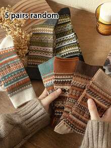 5 双女式随机颜色波西米亚风格保暖中筒袜，透气，柔软舒适，家居袜，睡衣袜，棉袜，适合秋冬日常、办公室、家居、通勤装，颜色随机