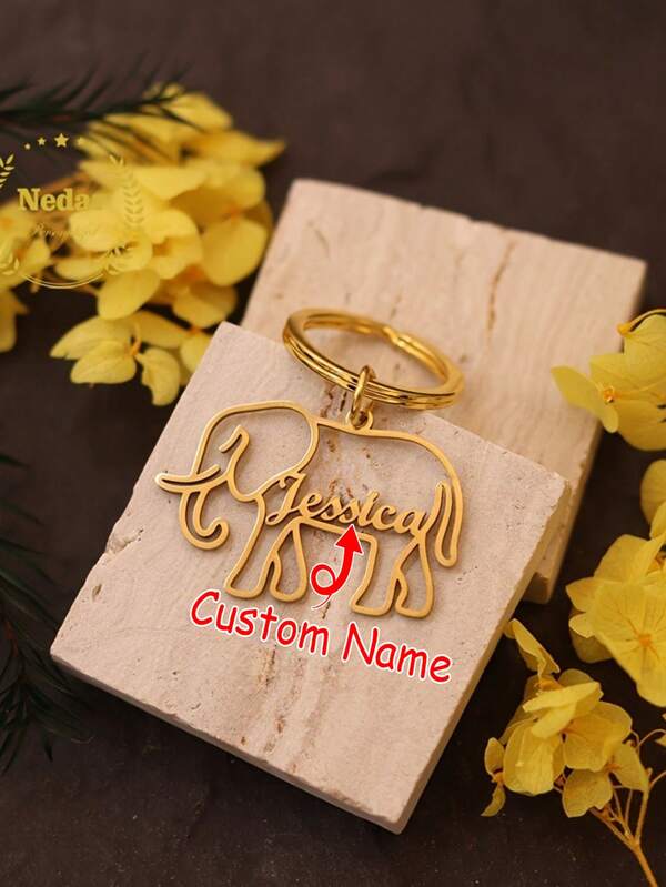 Llavero personalizado de elefante - Nombre/letra personalizada, llavero de acero inoxidable - Silueta elegante de elefante - Regalo de cumpleaños/Navidad/Acción de Gracias - Placa de identificación personalizada duradera - Unisex - Recuerdo de viaje a Tailandia - Diseño de decoración floral, artesanía pulida