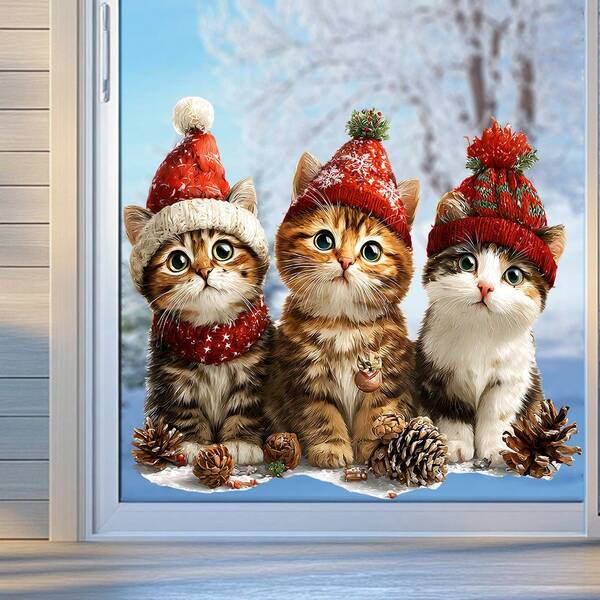 Christmas Cat Window Stickers, Cute Cats Wearing Red Knit Hat And Scarf With Pinecone, Removable Self-Adhesive Home Christmas Holiday Window, Glass Door And Wall Decor, Festive Winter Animal Art Stickers Wall Stickers Room Decor Wall Sticker Home Decor Christmas Decorations Christmas Decorations Home