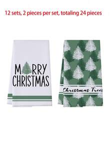 1 pièce/2 pièces/24 pièces Serviettes de cuisine à motif de gaufre de Noël, serviettes absorbantes imprimées avec sapin de Noël vert pour la décoration de Noël