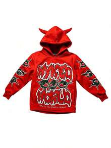 Y2K Gothic Harajuku Street Hip Hop Hoodie For Men Devil Horn Hooded Sweatshirt Punk Goth Aesthetic Grunge Pullover - Red - View 4