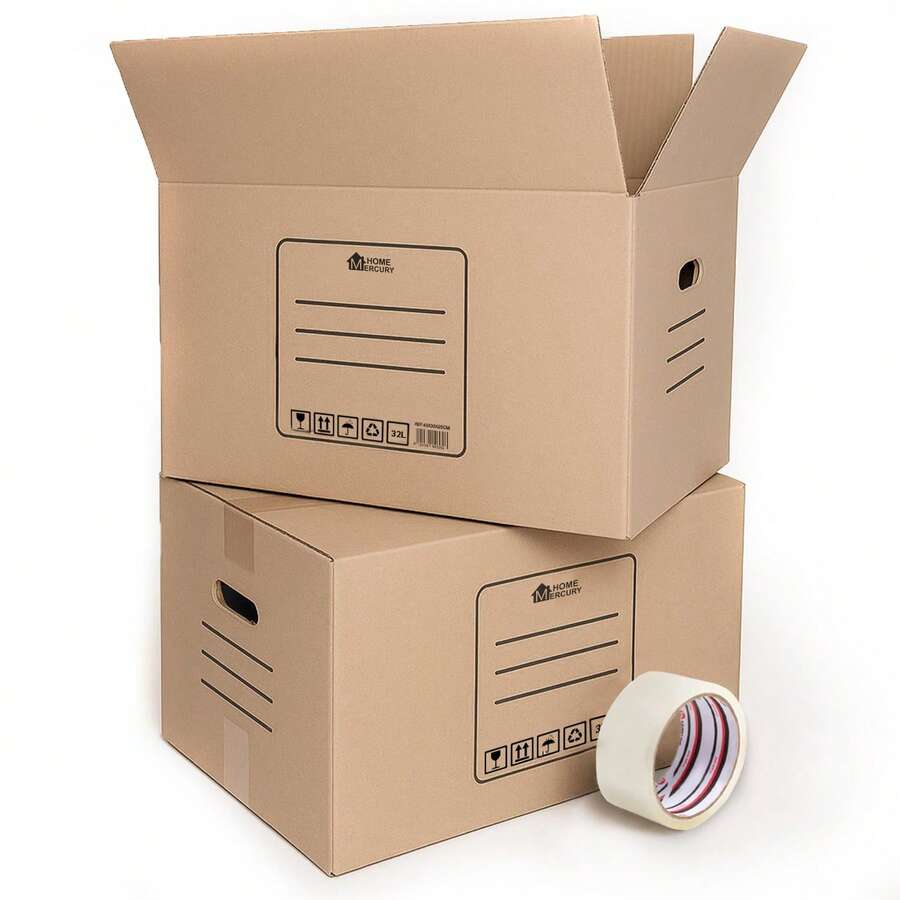 Mercury Textil 用於搬運和儲存的紙板箱，一包 10/20 個超耐用箱子，配有手柄，方便搬運，大箱子和小箱子，高耐用性，可重複使用。 24 小時/48 小時免運 伊比利半島 - 55x35x35CM 67升 - 查看 1