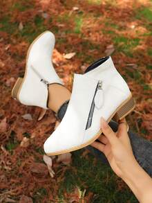 Spring/Autumn New Short Ankle Boots For Women, Low Heel Round Toe Side Zipper Fashion Chelsea Boots, Solid Color Ankle Boots - Beige - View 3