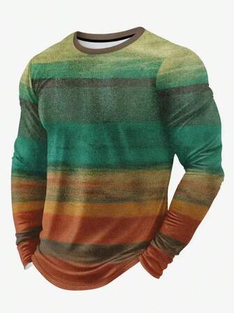 3D Herringbone Pattern Men's Long Sleeve T-Shirt - Multi-Color Patchwork Design, Breathable Casual Sportswear, Crew Neck Regular Fit Suitable For Spring & Autumn Layering, Machine Washable Digital Printed Shirt
