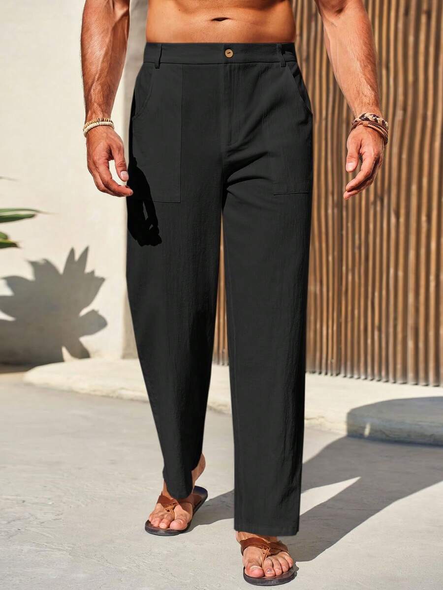 Runcati Men's Casual Loose Fit Cotton Linen Trousers Lightweight Elastic Waist Baggy Wide Leg Ideal For Summer Beach & Yoga - 黑色 - 查看 1