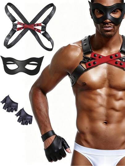 Men's Punk Leather Harness Set With Mask & Fingerless Gloves - Adjustable Chest Harness Belt For Gothic Clubwear, Halloween Christmas Costume For Men