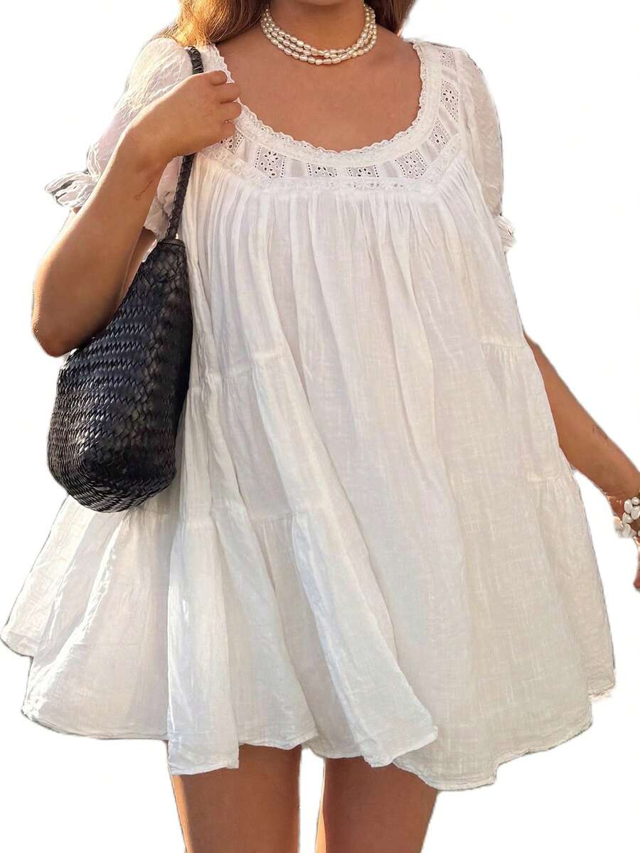Women Puff Sleeve Babydoll Mini Dress Y2K Lace Trim Ruffle Flowy Dresses Summer Loose Swing Going Out Sundresses - 白色 - 查看 1