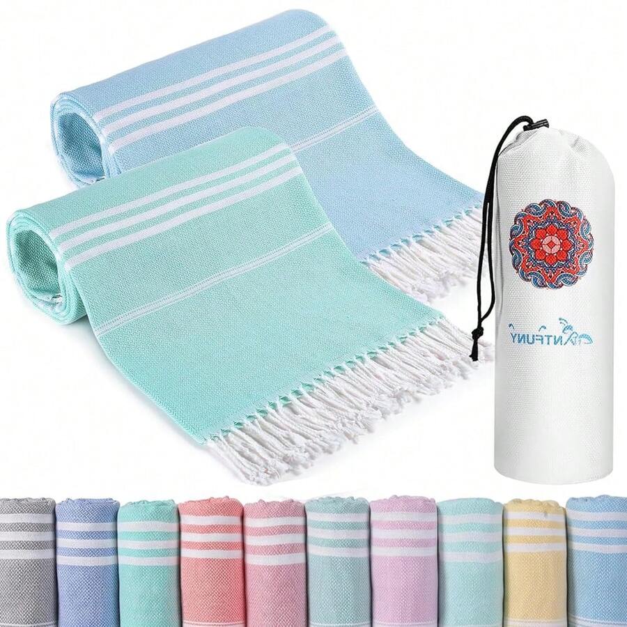 2 Packs Turkish Beach Towels Quick Dry Sand Free Soft Absorbent Adult Oversized Bath Pool Swim Towel Lightweight Thin Fast Drying Over The Lounge Chair Towel Sand Repellent Anti Vacation Essentials - 薄型套裝綠松石貂皮色272x36英寸 - 查看 1