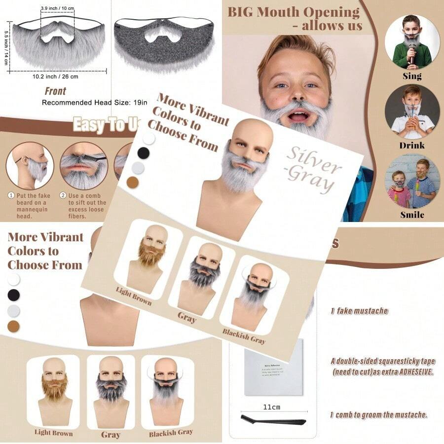 Honcloud Realistic Fake Beard Easy to Wear Great for Outfits and Perfect for Halloween - Gris plateado - Ver 1