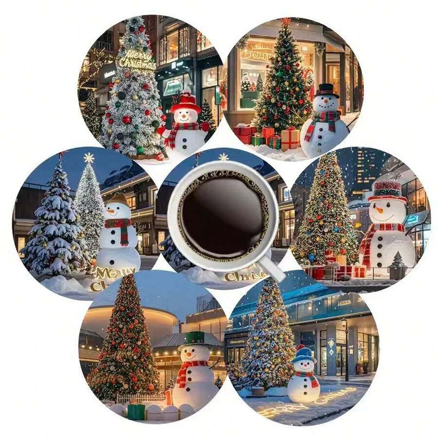 6pcs Christmas Street Snow Scene Coasters Set, Wooden Coasters For Coffee, Tea And Beverages, Handwashable - Ideal For Home And Restaurant Decor, Holiday Gifts, 1 Set Of 6, 300 Sets Of 1800 Pieces - Multicolor - View 1
