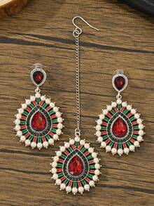 3件套奢华仿珍珠吊坠耳环+头链首饰套装，适合女士日常佩戴和女孩派对佩戴