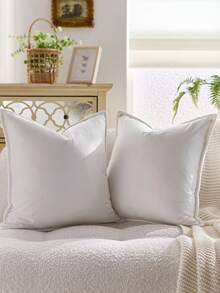 1pc Velvet Edged Throw Pillow Cover Solid Square Cushion Case For Sofa, Bedroom And Car - White - View 3