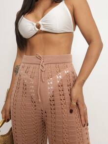 Women's Crochet Knit Beach Cover-Up | Elegant, Openwork, Chic Wide-Leg Pants With Adjustable Waist - Beige Beach Pants - View 2