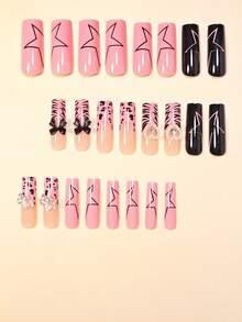Y2K Charm Nail Art Set, 24pcs Long Press-On Nail Stickers, Elegant Heart & Star Shaped Colorblock French Style Full Cover Fake Nails, Suitable For Women And Girls. Set Includes 1pc Adhesive Sticker And 1pc Mini Nail File, Random Jelly Gel Color. Nail Supplies - Black - View 2